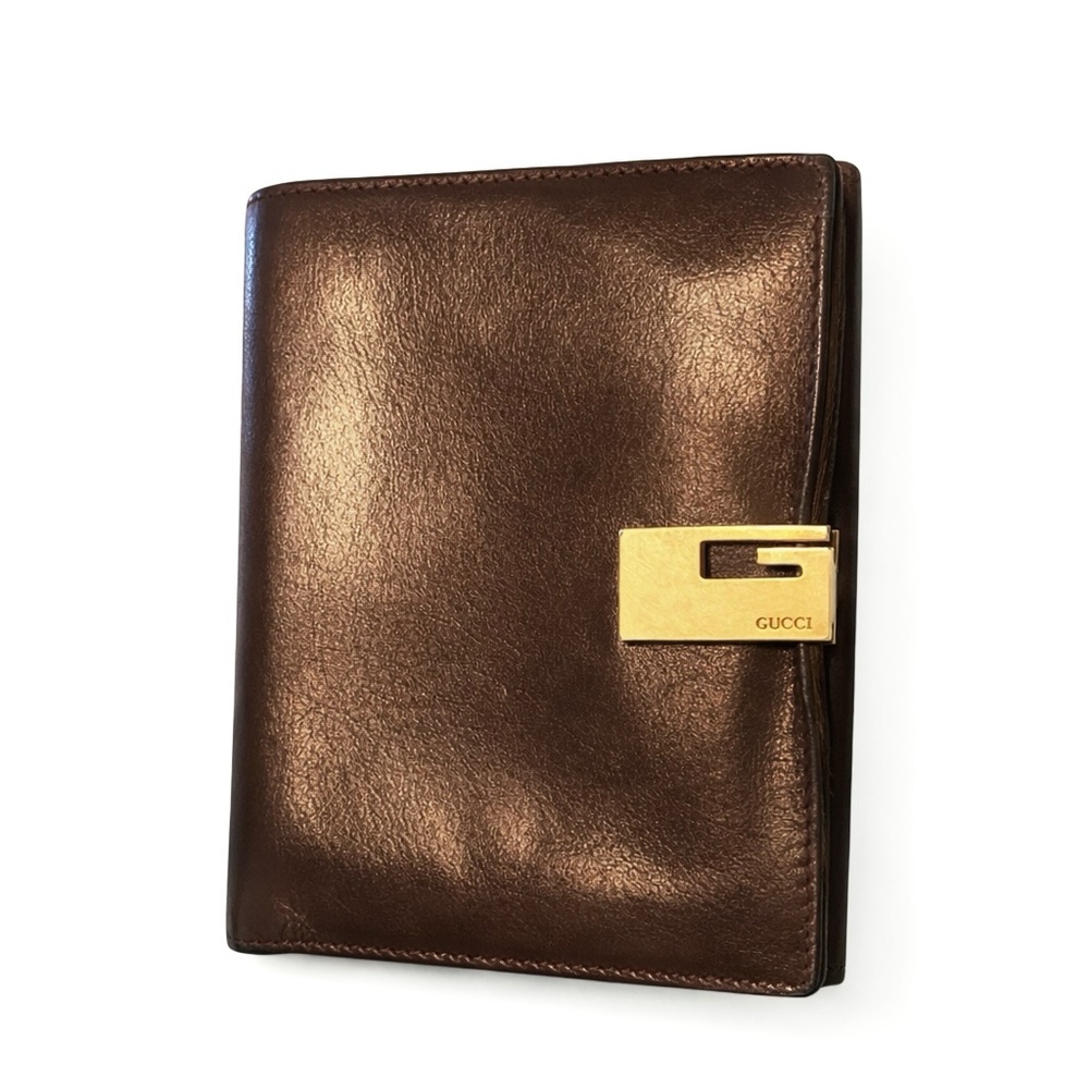 Gucci Vintage Brown Leather Bifold Wallet Gold G Hardware Made in Italy